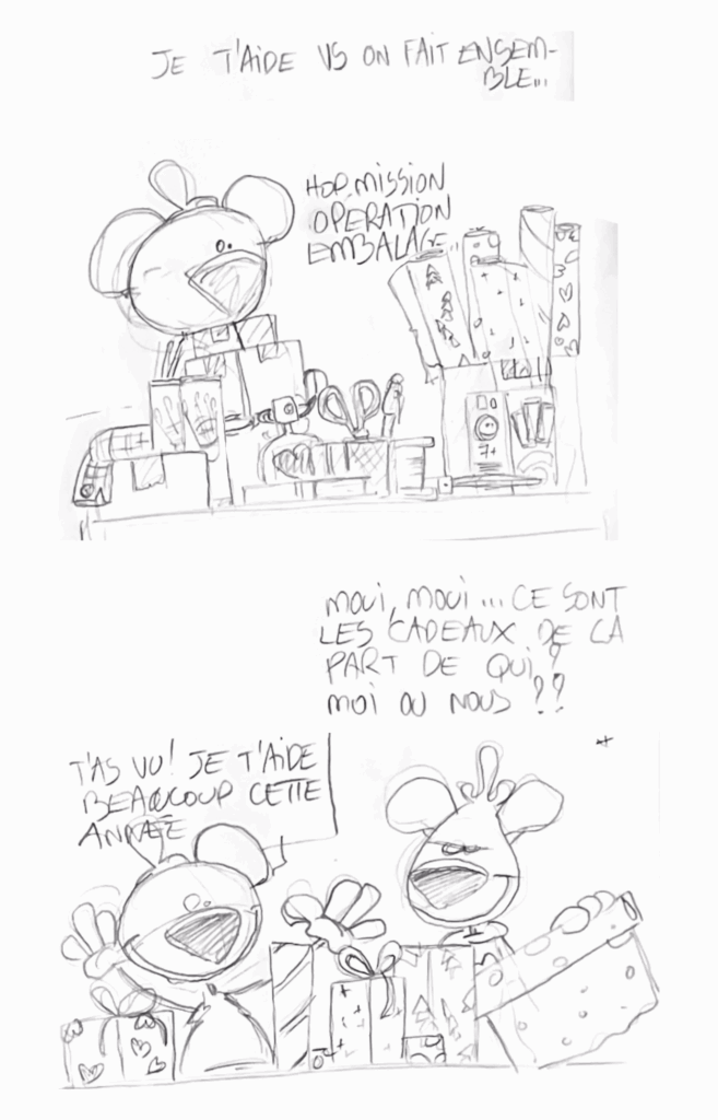 Croquis chat préparation emballage cadeaux